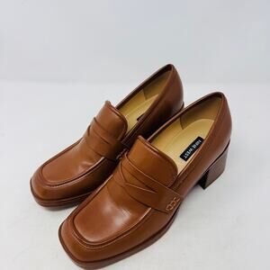 Vintage Nine West Brown Leather Block Heel Loafers Size 8.5 Preppy 90s aesthetic